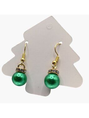 Faux Green Pearl Earrings Crystal Accents Gold Hooks Christmas Ornament